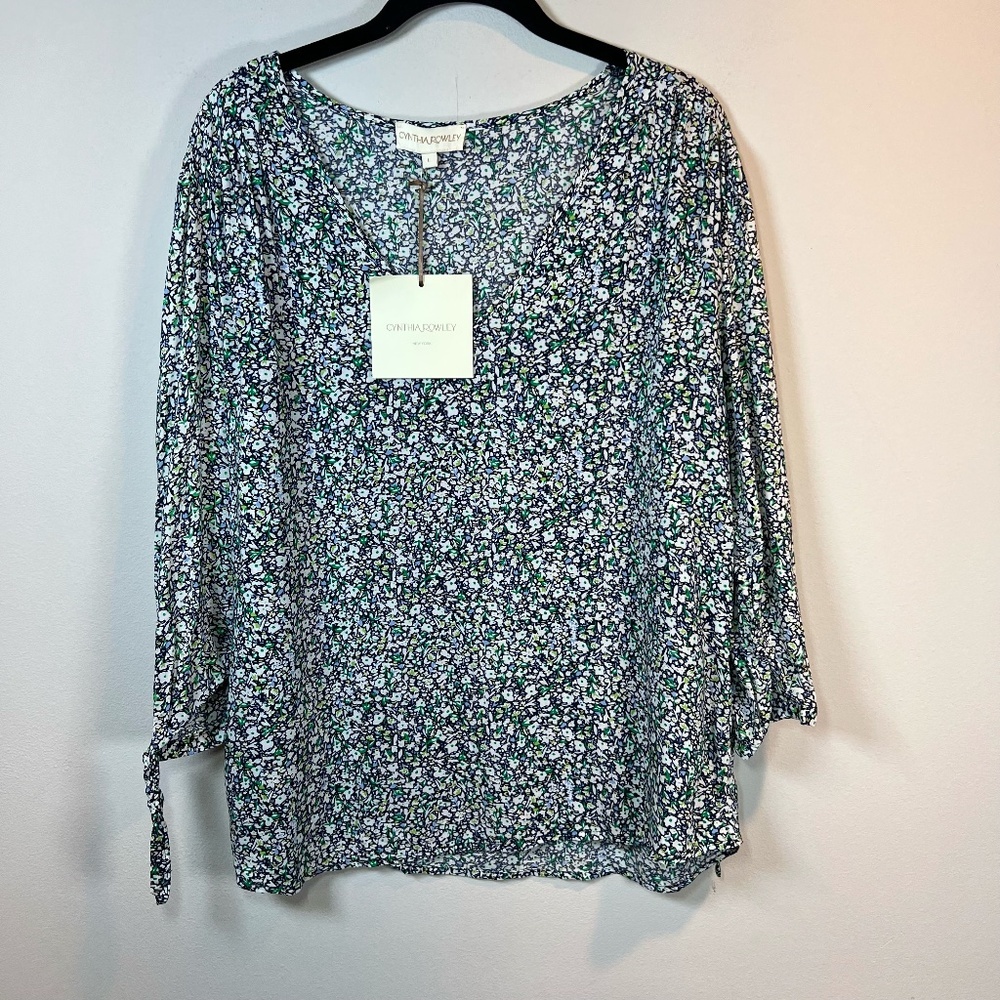 Cynthia Rowley Boho Blouse Shirt Blue Green Ditsy Floral Tie Sleeve NEW Sz Large